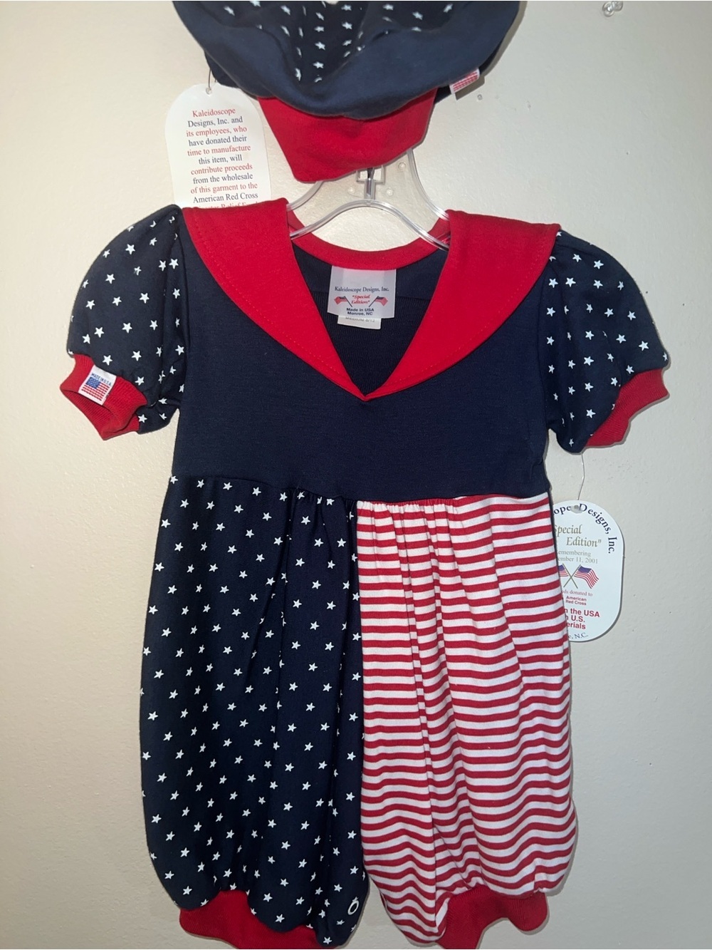 Vintage Baby Girls Navy and Red Bubble Romper special 9/11 Tribute